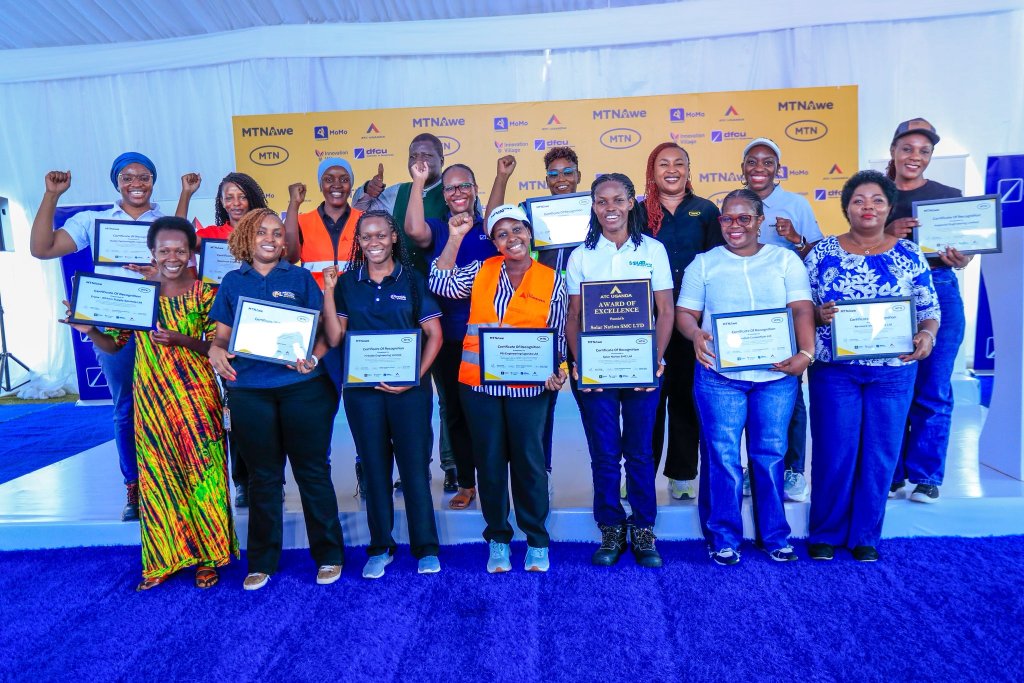 MTN Uganda CEO Sylvia Mulinge, together with programme partners, awards certificates to beneficiaries of the first cohort of the MTN AWE programme in Gulu City on November 20, 2025.
